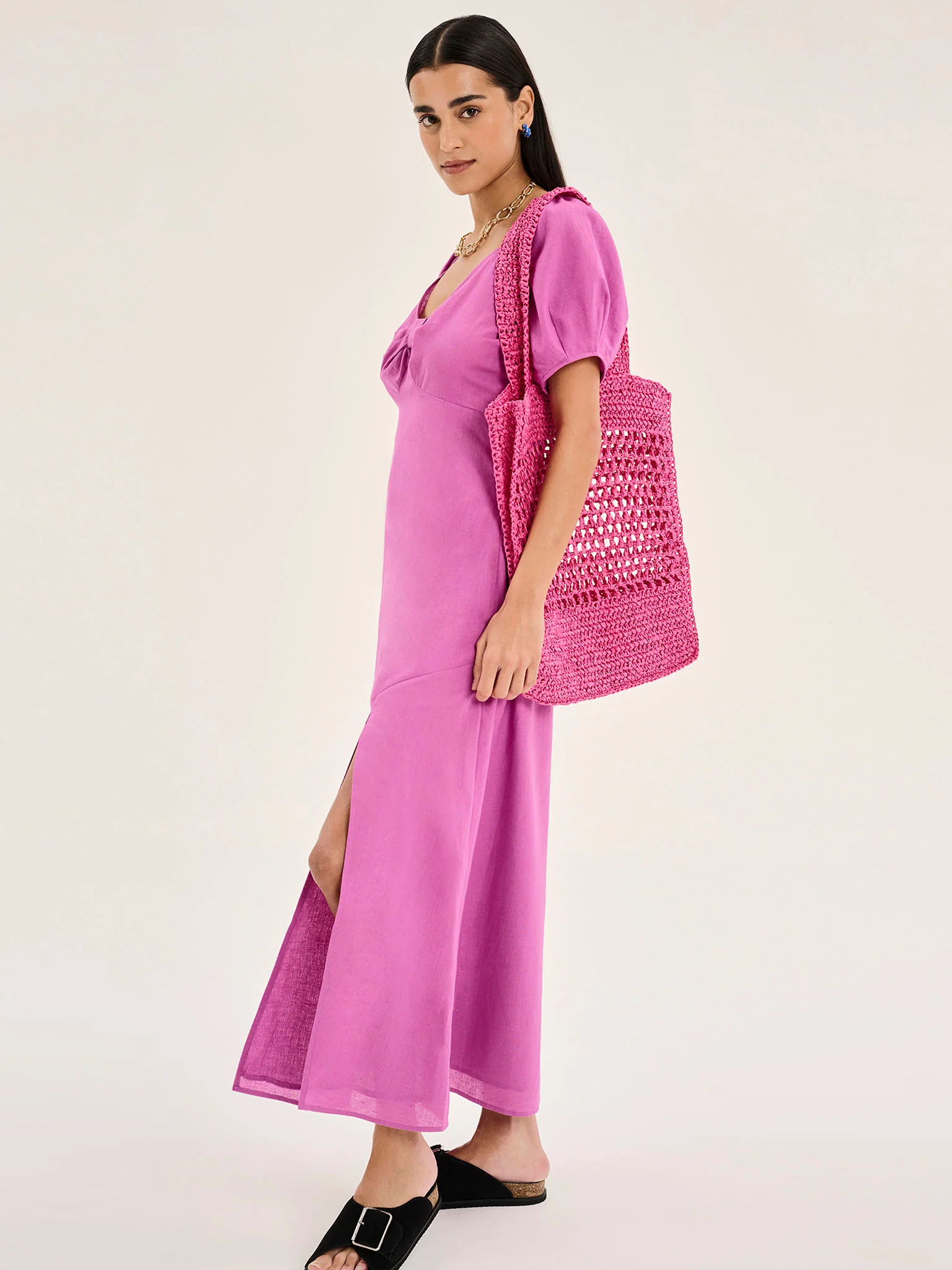 London Linen Bow Detail Midi Dress in Magenta - Image 2