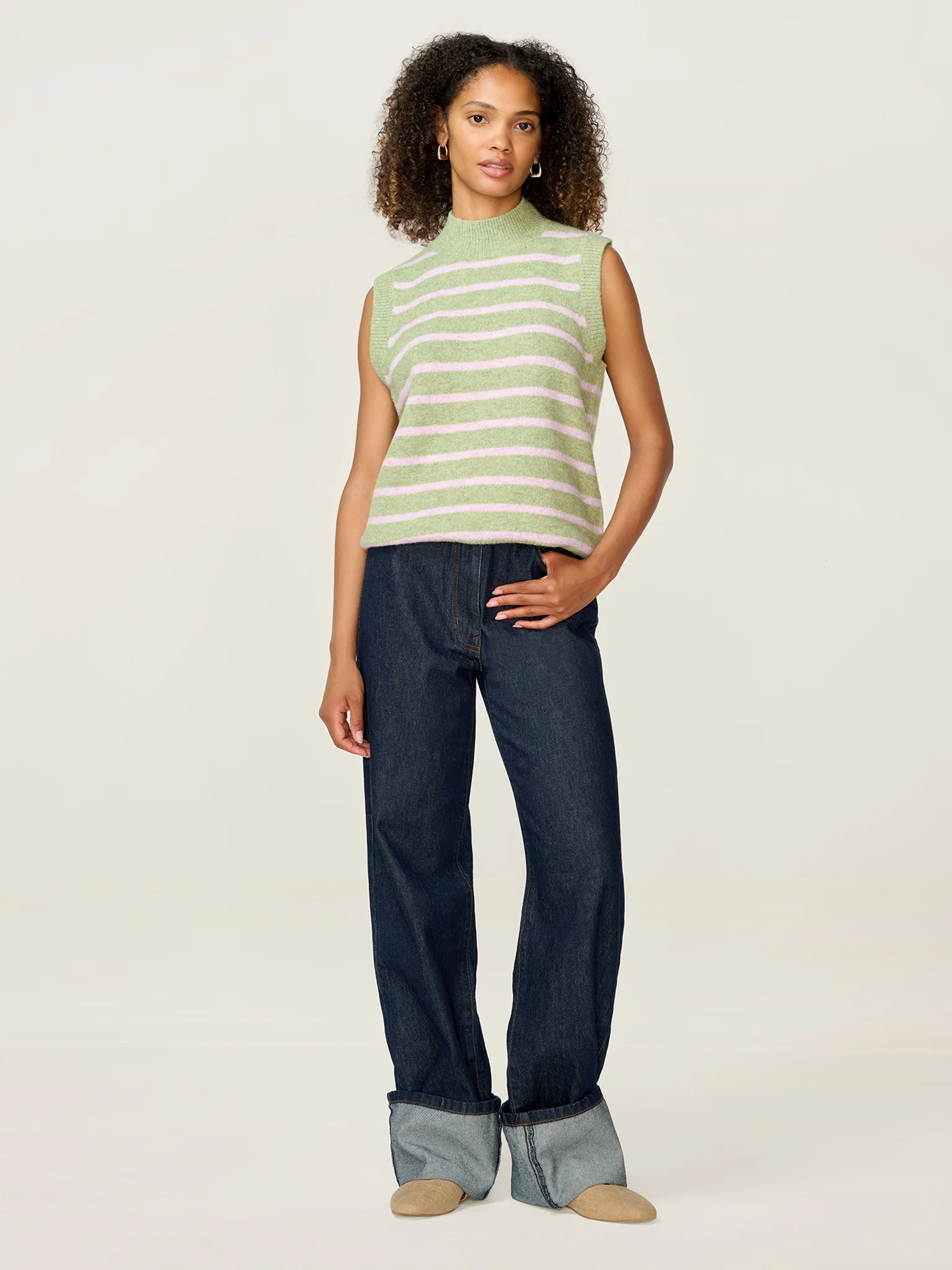 Pauli Funnel Neck Stripe Vest in Green and Pink